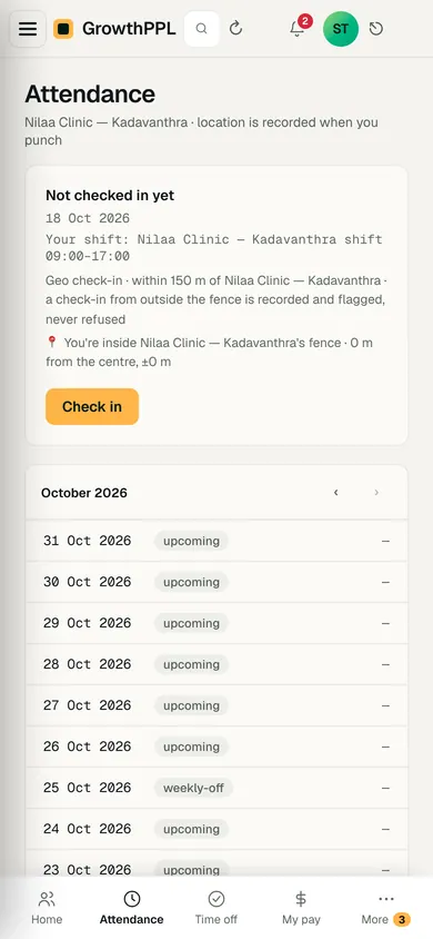 Checking in on a phone, inside the radius set for the employee's site.