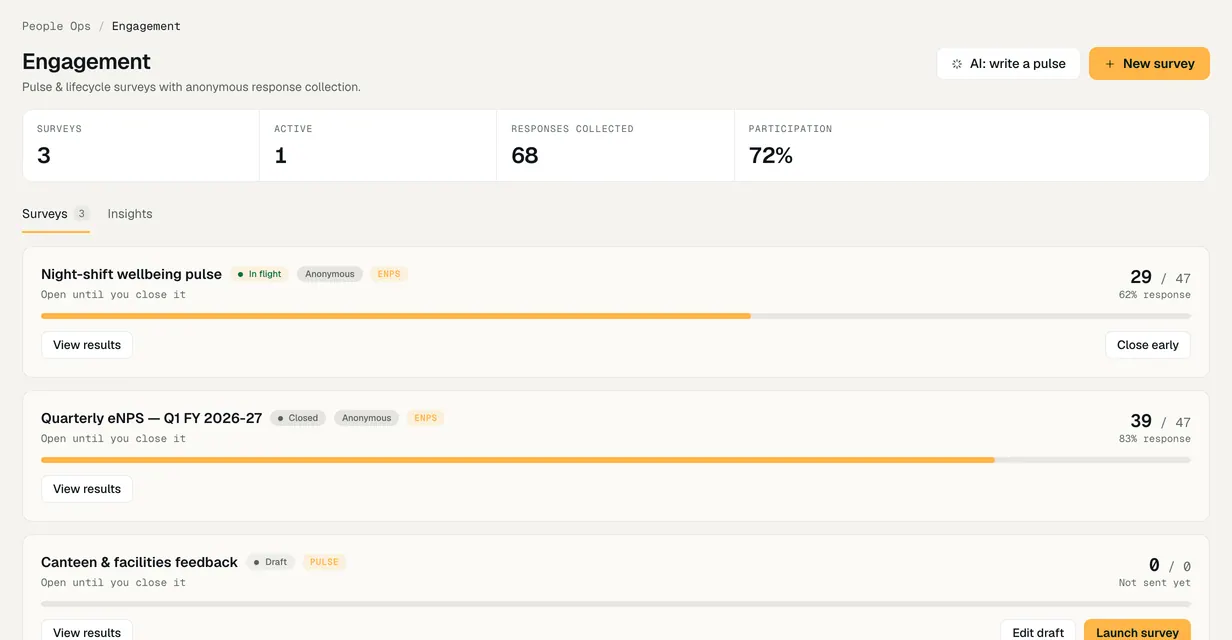 Pulse survey results, shown only past an answer threshold, with the eNPS.