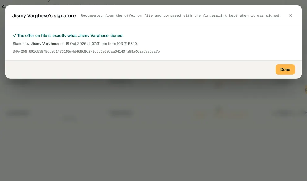 A signed offer's signature check: the record is intact, with the document's SHA-256 fingerprint.