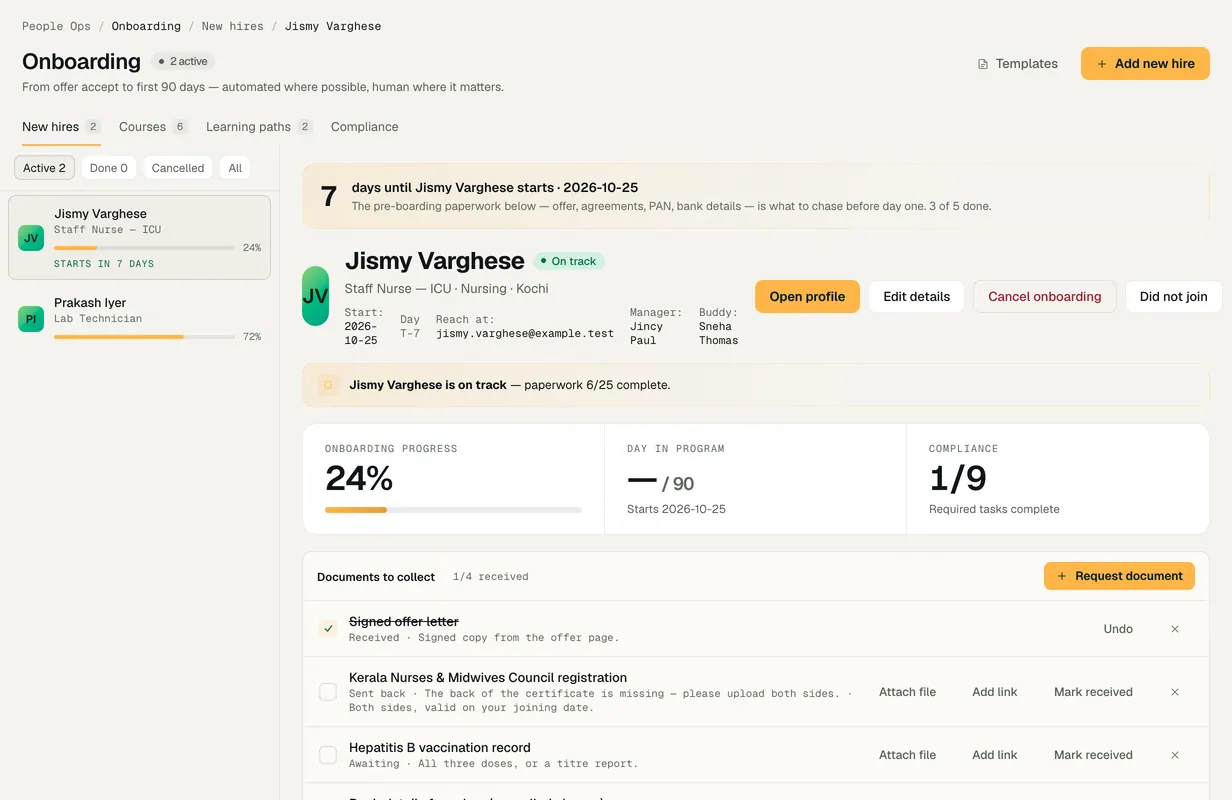 An onboarding checklist for a new joiner, with the documents requested, one accepted and one sent back with a reason.