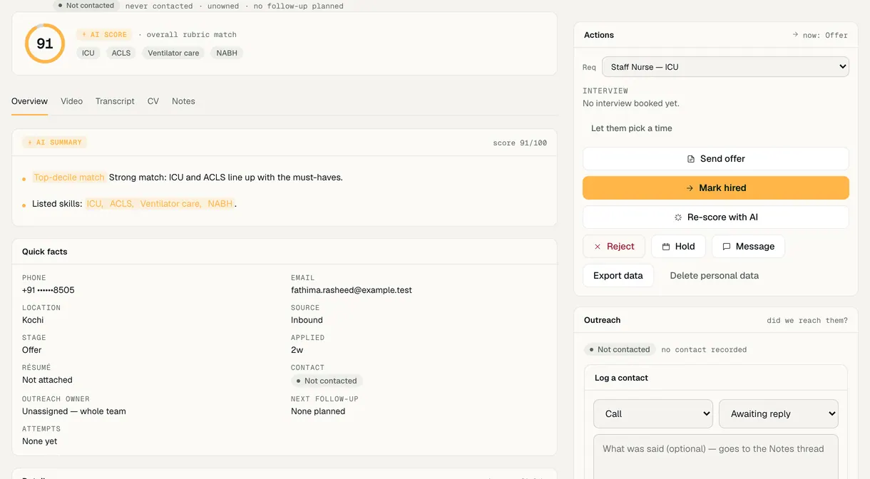 A candidate's page with the suggested overall match against the role's rubric, for the recruiter to review and decide.