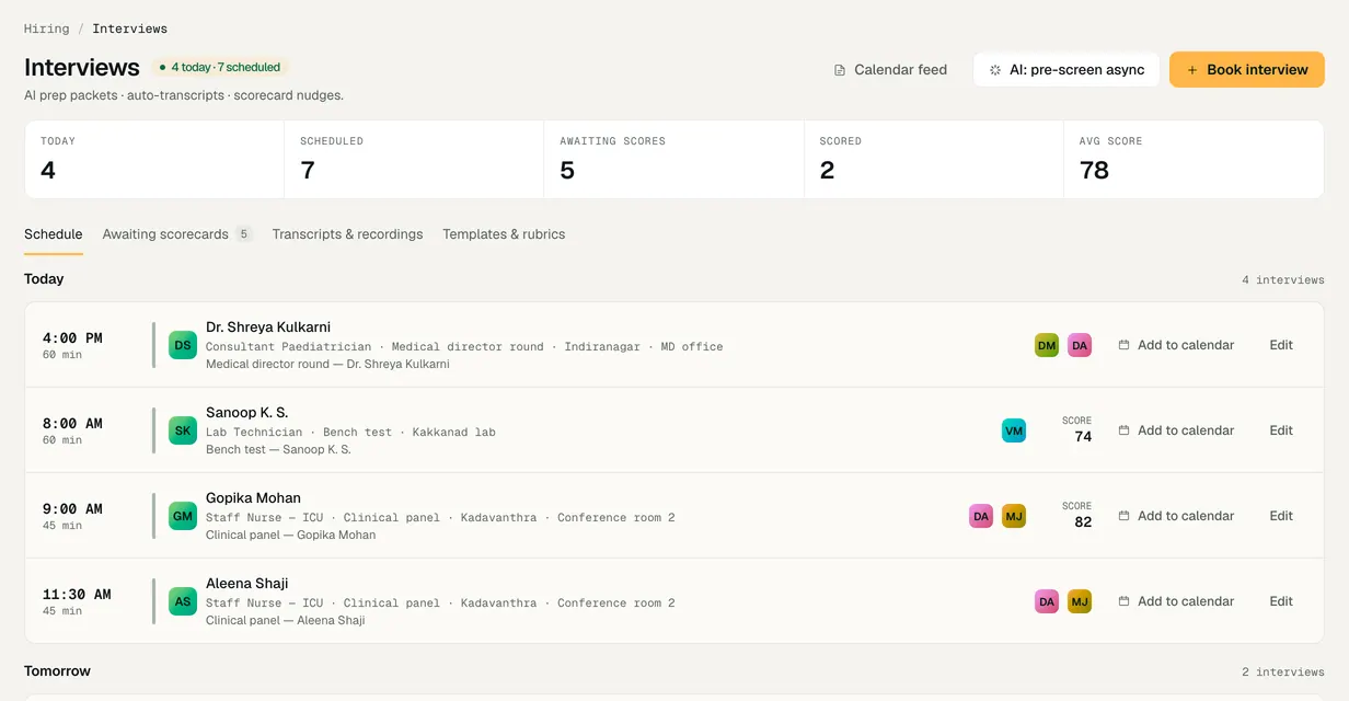 Scheduled interviews for open roles, with the panel and the scorecards.
