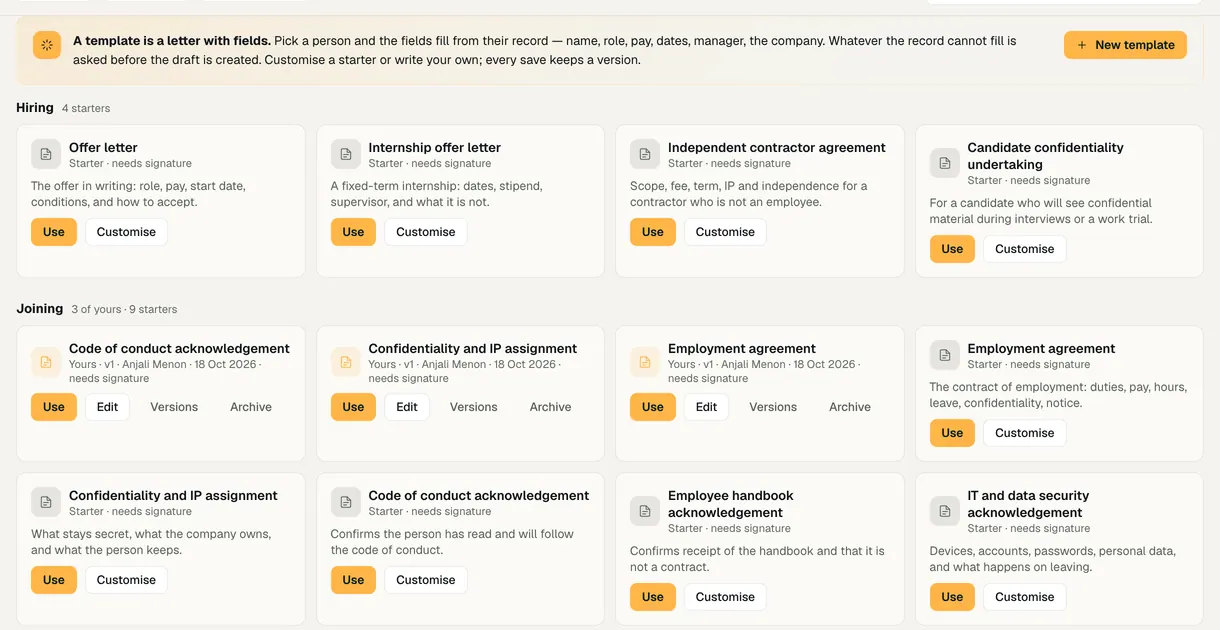 Letter templates for offers, confirmations, transfers and exits.