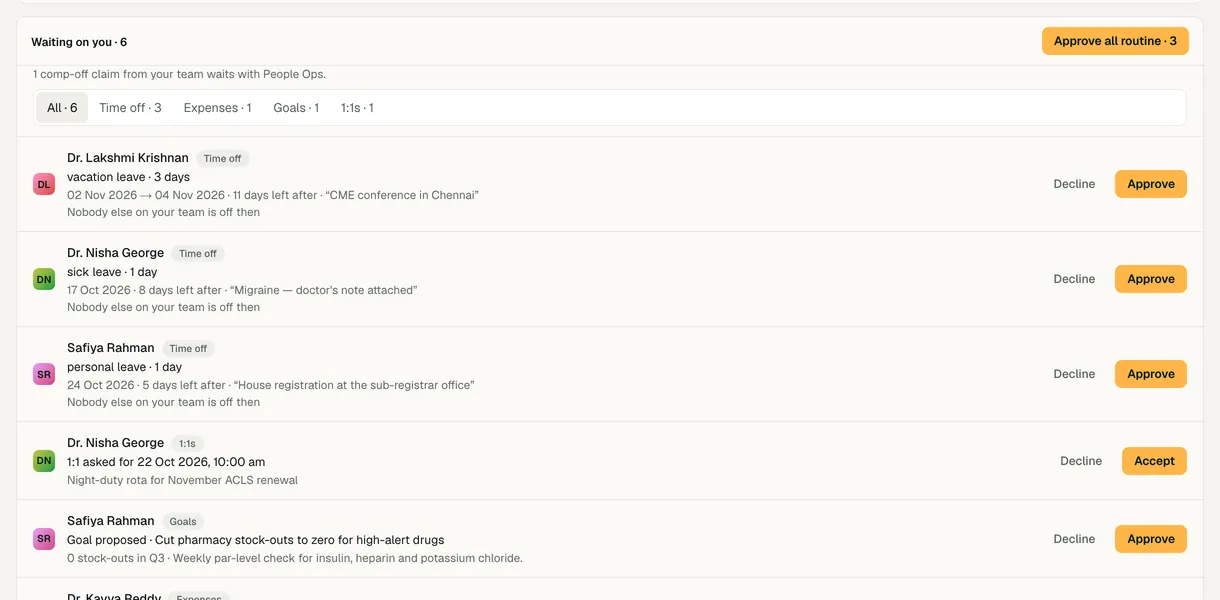 A manager's single approvals inbox: leave requests, an expense, a 1:1 request and a proposed goal from the team, together.