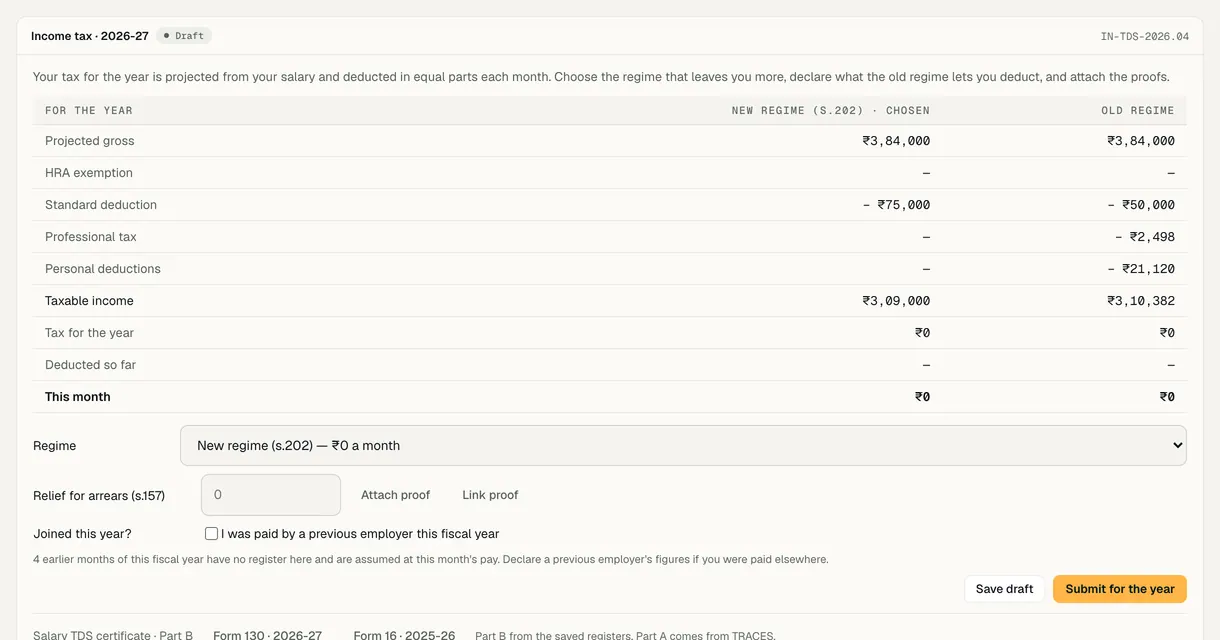 My pay: the new and old income-tax regimes side by side on the employee's own salary.