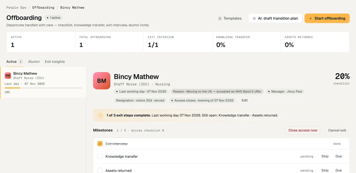 Offboarding a leaver: the last day, the exit interview, asset returns and the checklist.
