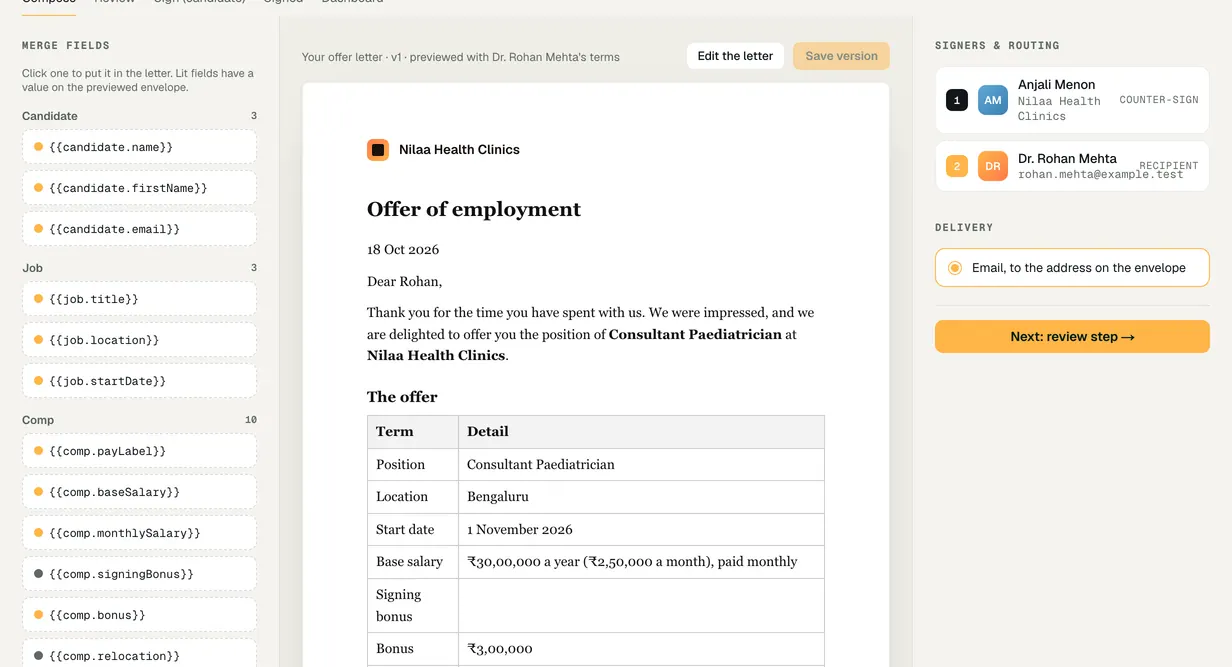 Composing an offer letter with its conditions, before it goes out for signature.