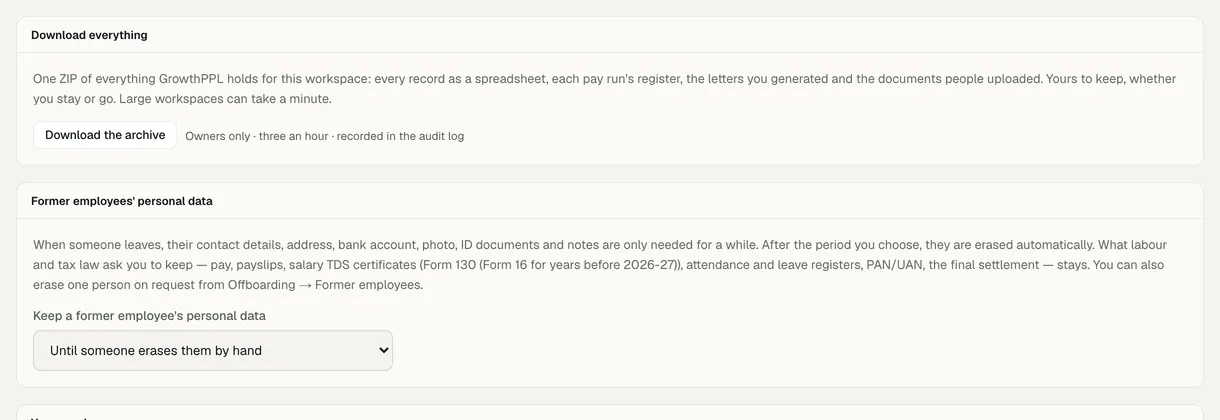 Download the whole workspace as a ZIP archive, available to the owner at any time.