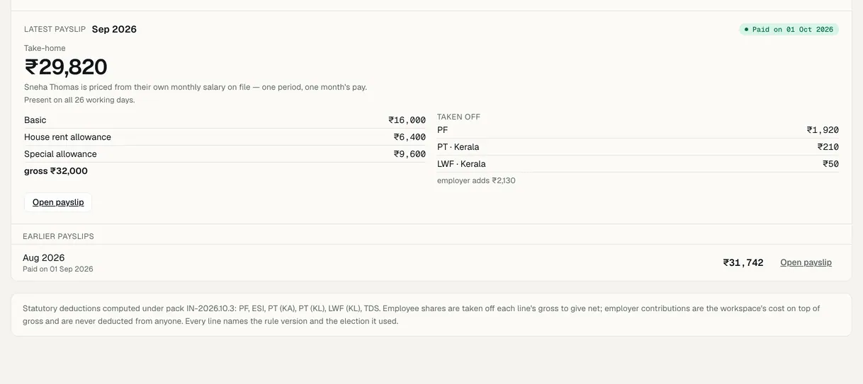 An employee's payslip with earnings, each statutory deduction and net pay; the PAN is masked.
