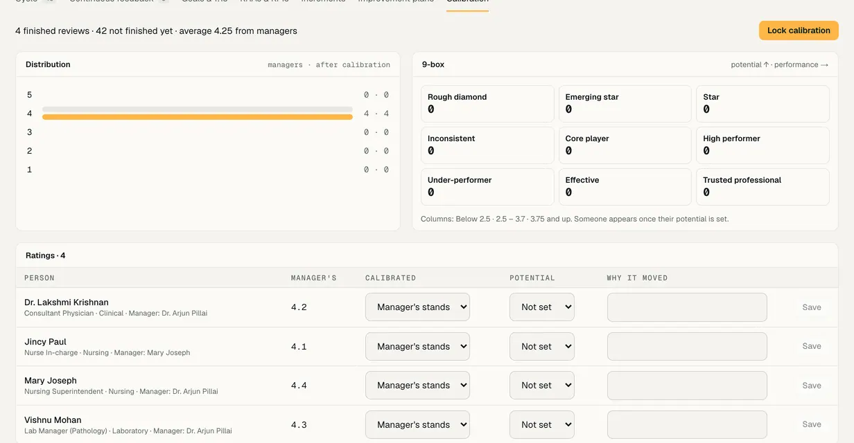 Calibration for a review cycle: each rating placed on the 9-box.