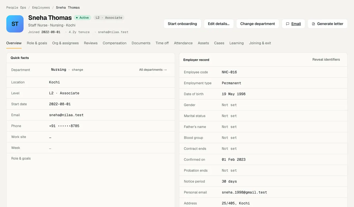 An employee's profile overview: role, site, manager and dates, with identity numbers sealed.