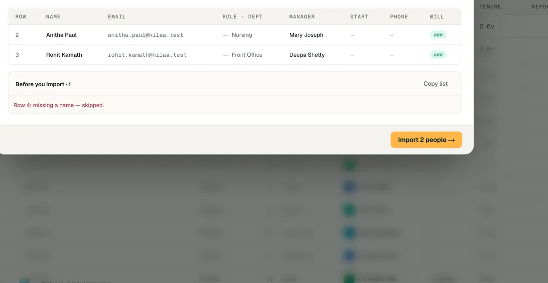 Importing employees from a CSV: a preview of each row before anything is saved, with the row that has a problem flagged.