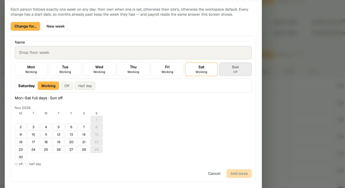 The work-week editor: working days and weekly offs for a week pattern.